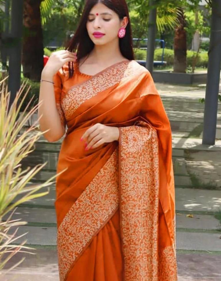 Orange Pure Silk Saree With Golden Border And Orange Colored Blouse | Cash  On Delivery Available, Throughout India